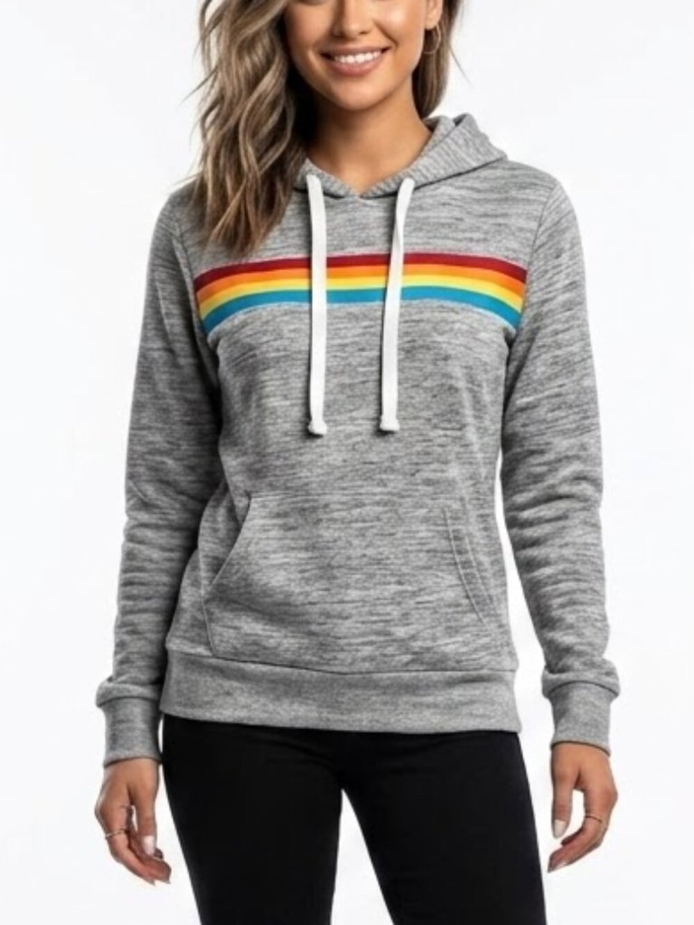REFLEX Retro Rainbow Stripe Hoodie Grey Marled LOVE Graphic Pullover Large